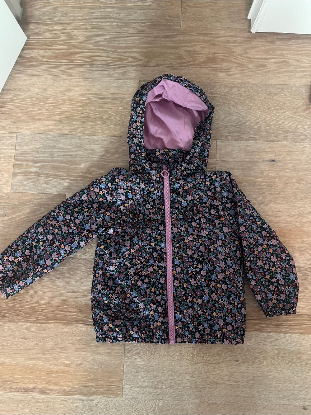 H&M Black Floral Hooded Raincoat with Pink Lining
